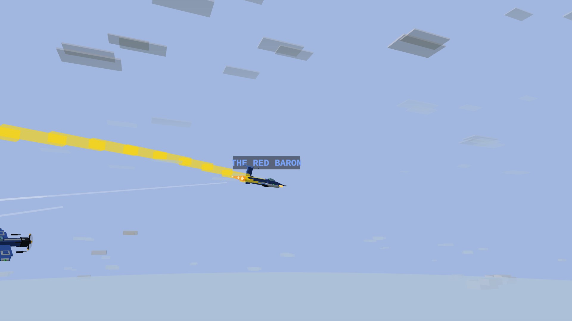 A cobalt jet named THE RED BARON knifing across the sky trailing a long unbroken gold ribbon, an interceptor's tracers reaching up toward it from below