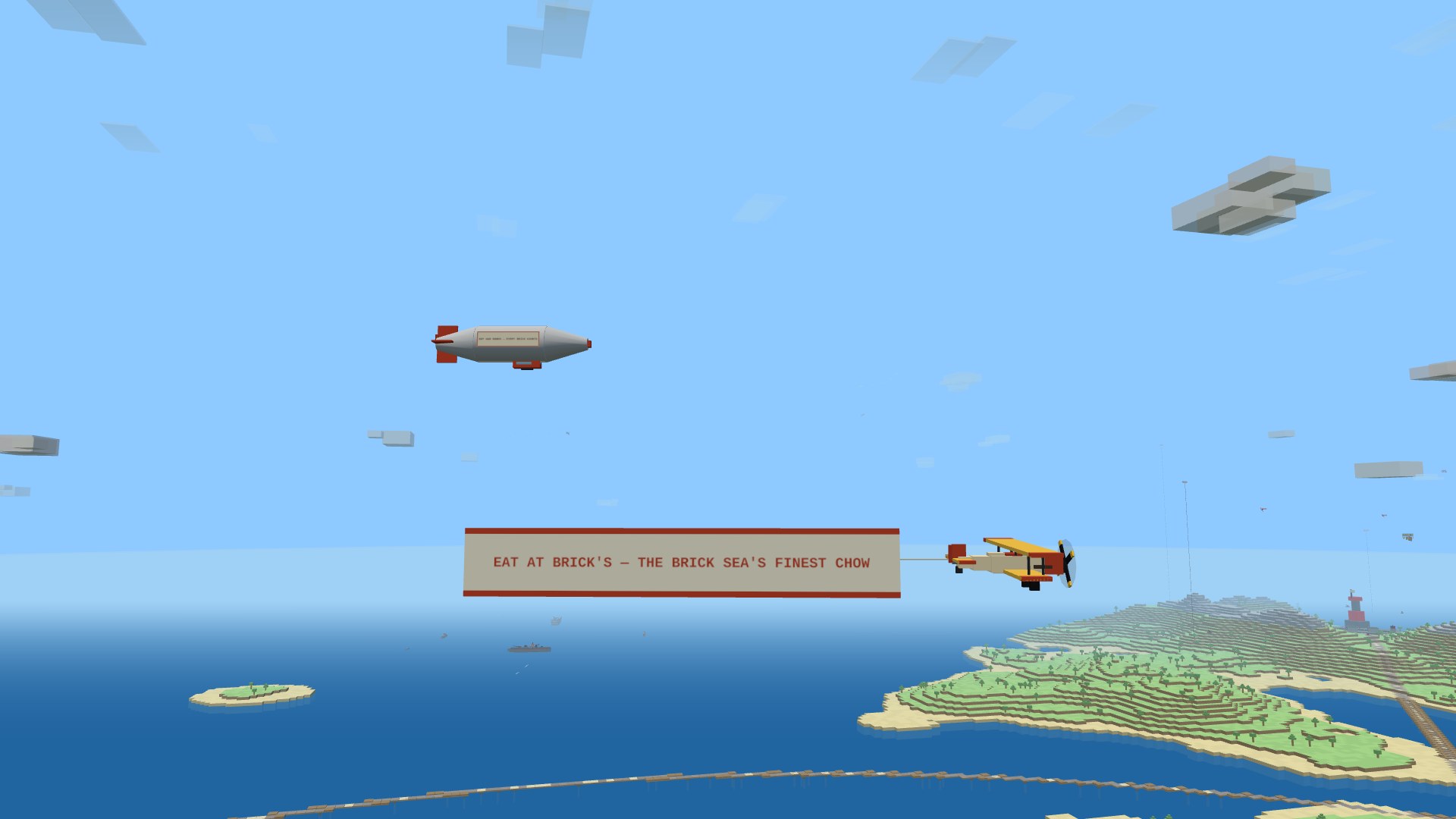 A cream-and-gold biplane towing a cloth banner reading EAT AT BRICK'S — THE BRICK SEA'S FINEST CHOW over the sea, a silver ad zeppelin with BUY WAR BONDS painted on its flank holding station beyond
