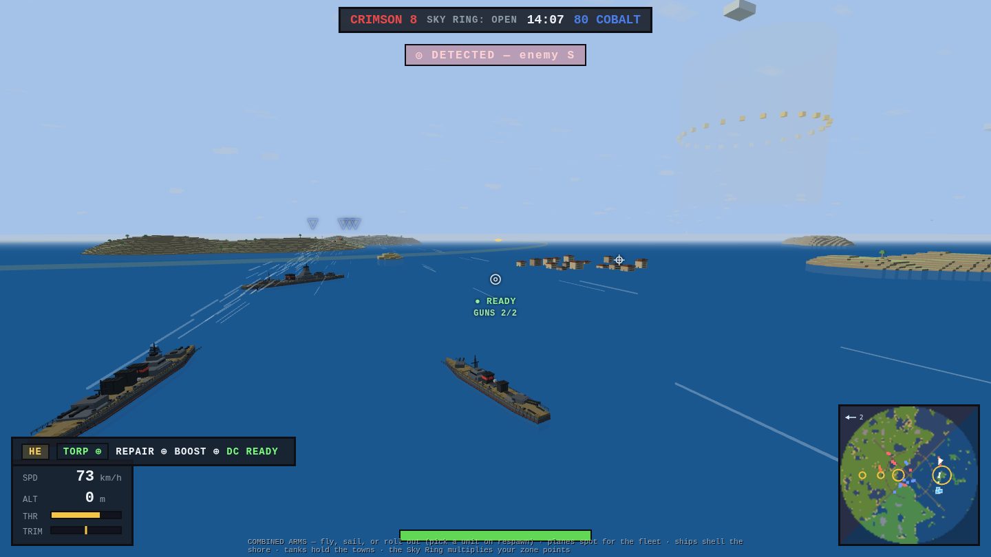 A destroyer under way on the Brick Gulf with the conning HUD live, spotted enemy hulls marked along the coast, and the combined-arms minimap showing the four-zone front