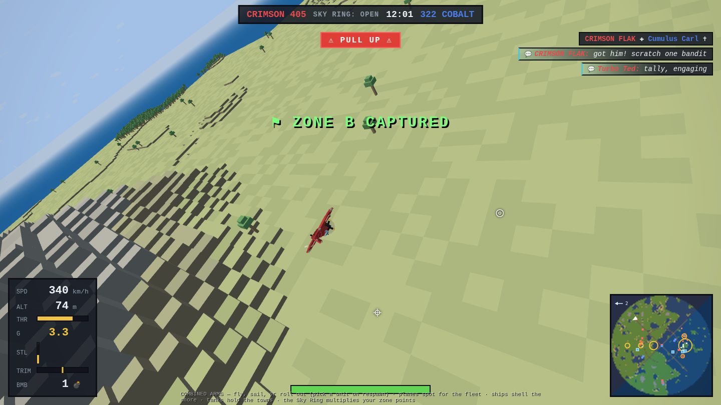 A crimson fighter banking low over the coastal highlands as a zone-captured banner flashes and flak chatter fills the feed