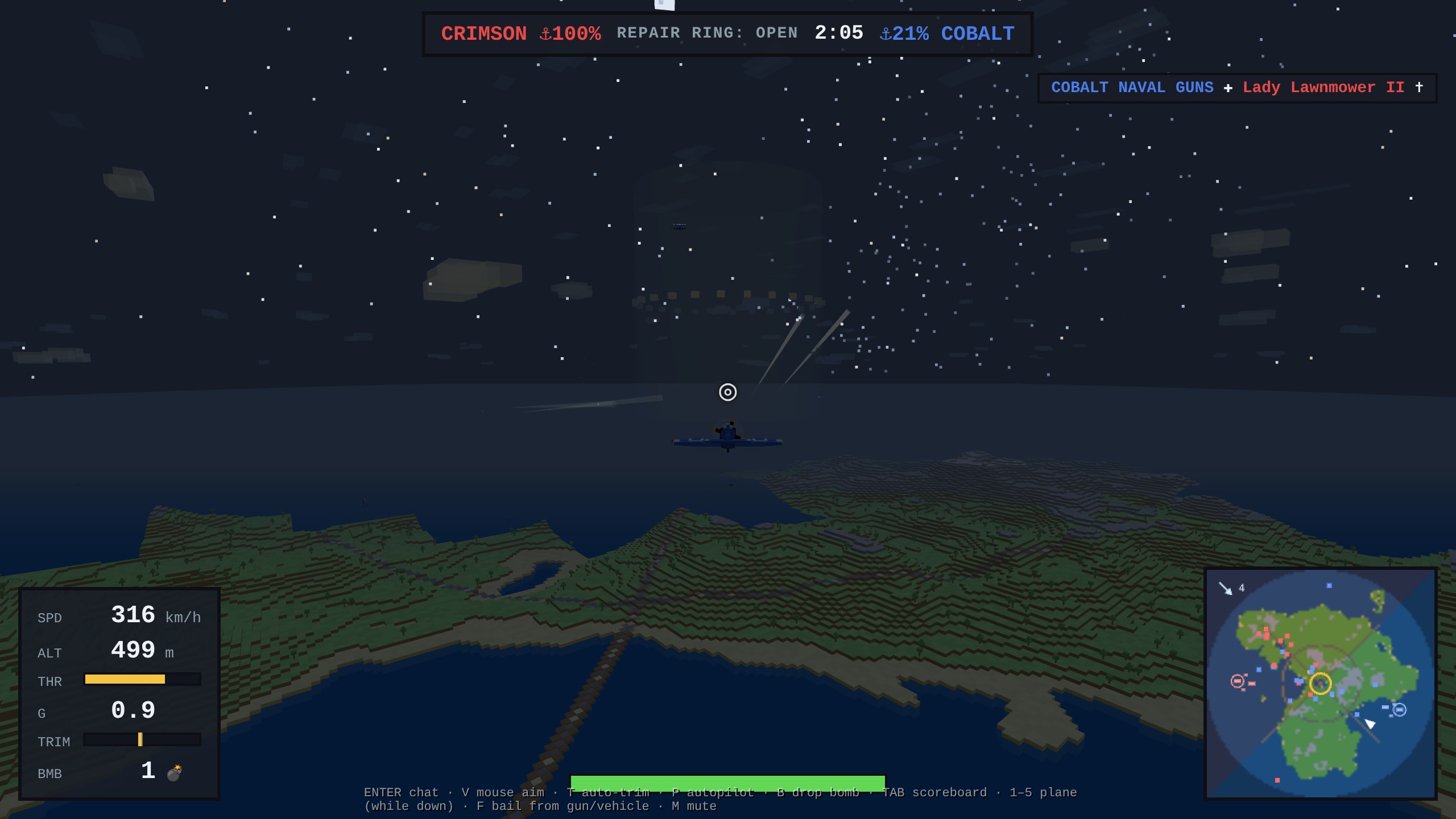A fighter cruising hands-off and level over the island at night, the heads-up gauges showing speed, altitude, throttle, a 0.9 G load and the TRIM strip holding a touch of nose-up