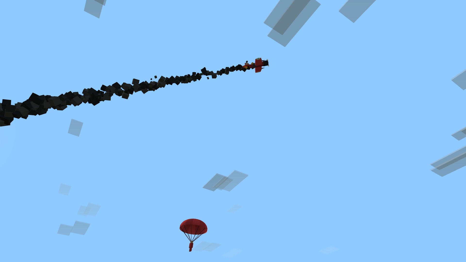 A crimson Sparrowhawk high in a clear sky, engine dead and dragging a long banner of black smoke back down its climb, while far below and behind it the pilot's crimson parachute has blossomed and rides him down toward his own coast