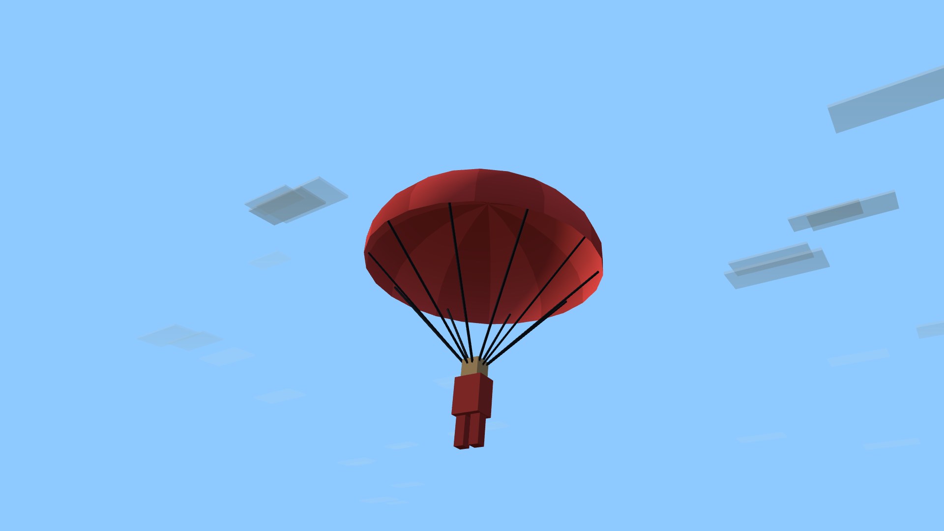 A blocky pilot in a crimson flight suit hanging in the harness of a curved team-red parachute canopy sewn from alternating light and dark silk gores, black shroud lines rising all around the rim to the dome, drifting against a blue sky scattered with clouds