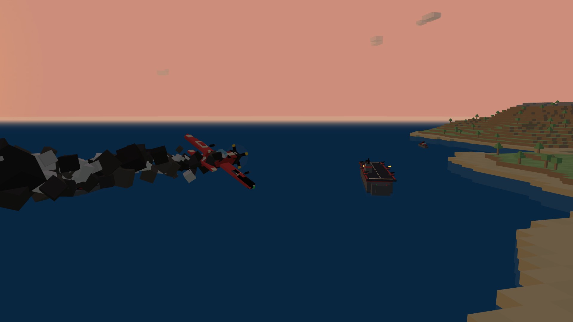 A battle-damaged crimson Thunderhead trailing engine smoke and a pale fuel-vapor streak, listing toward its shot-up wing over the sea at sunset with a carrier on the horizon