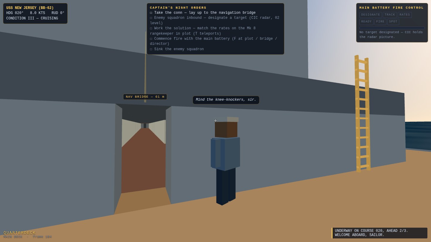 A voxel sailor by the deckhouse door with a floating speech chip reading 'Mind the knee-knockers, sir.'
