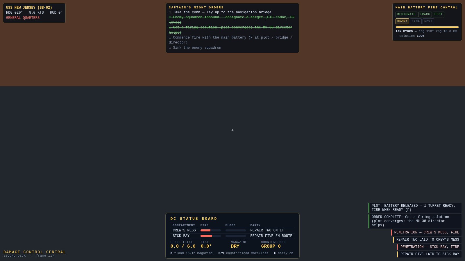The DC status board in Damage Control Central listing burning compartments with fire and flooding bars and repair parties en route