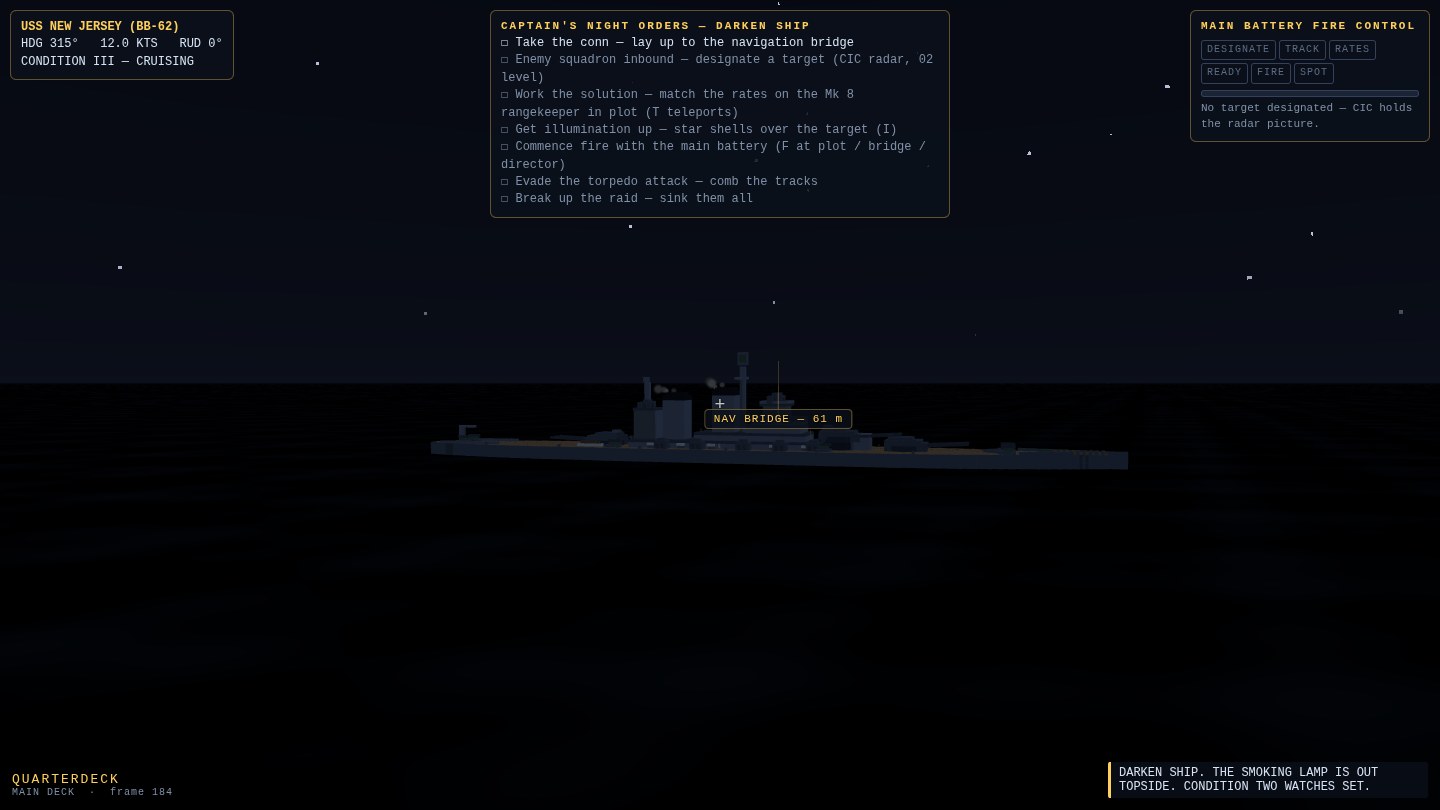 The battleship darkened at night, a black silhouette on black water under a voxel starfield