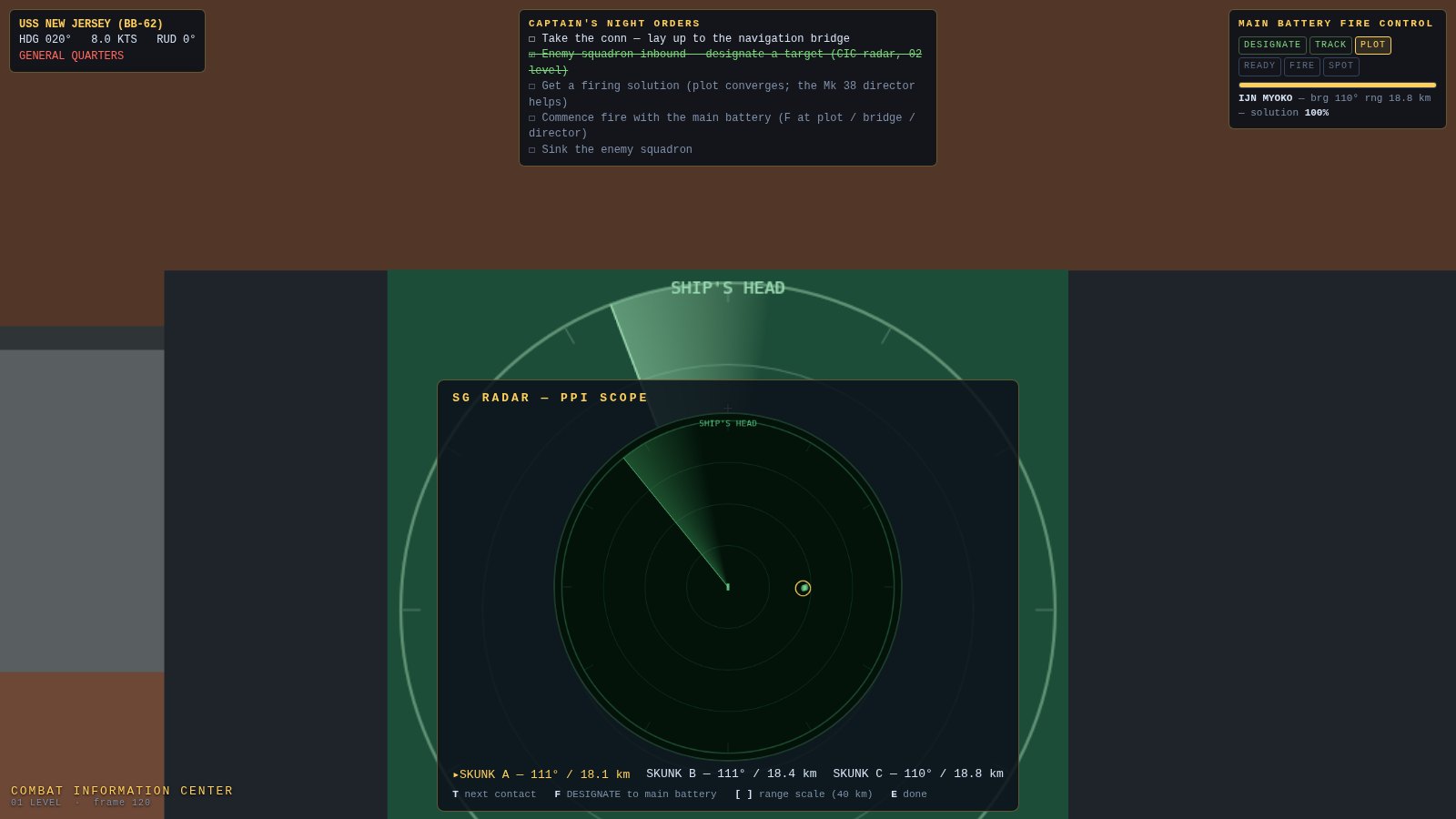 The SG radar PPI scope in CIC: green phosphor sweep, range rings, three enemy blips and the contact list