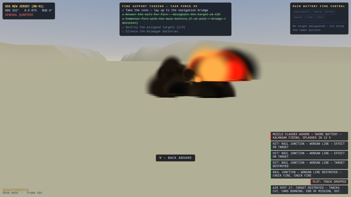 The salvo camera at the end of its ride: a 16-inch burst erupting on the Wonsan rail junction, seen close from the round's chase position, the log reading TARGET DESTROYED
