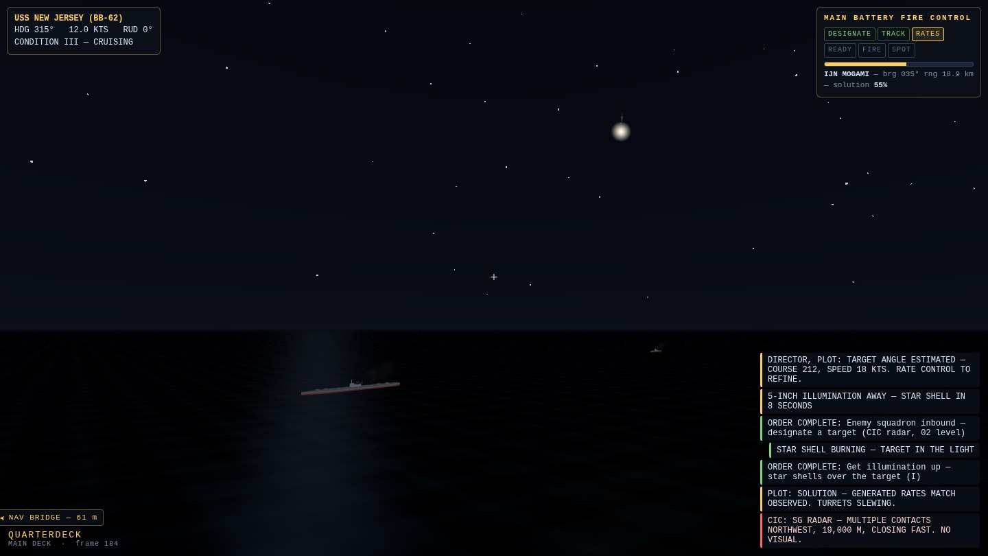 A star shell flare burning under the starfield with its smoke wisp above, an enemy cruiser silhouette lit on the black water below