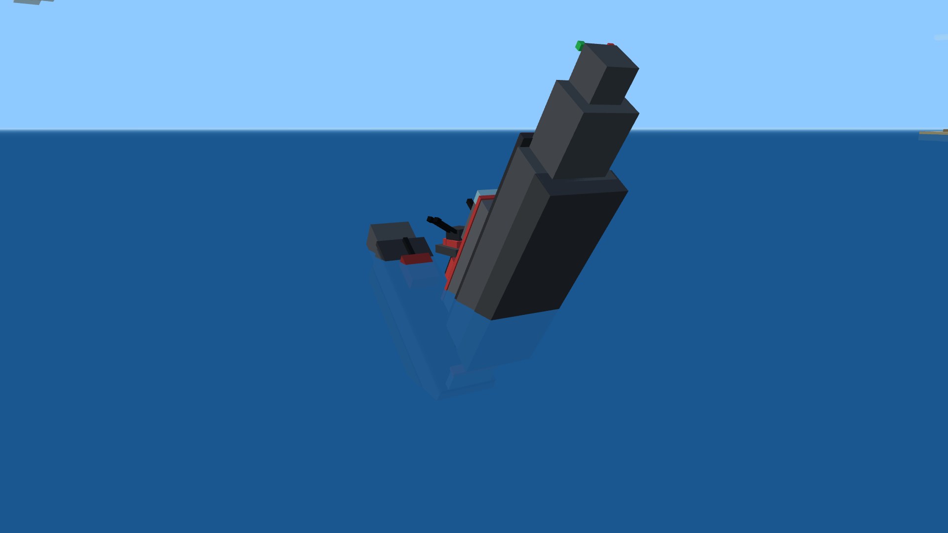 A torpedoed destroyer broken in half on the open sea, its bow section reared up out of the water with the nav lights skyward while the stern folds under, secondaries and steam at the break