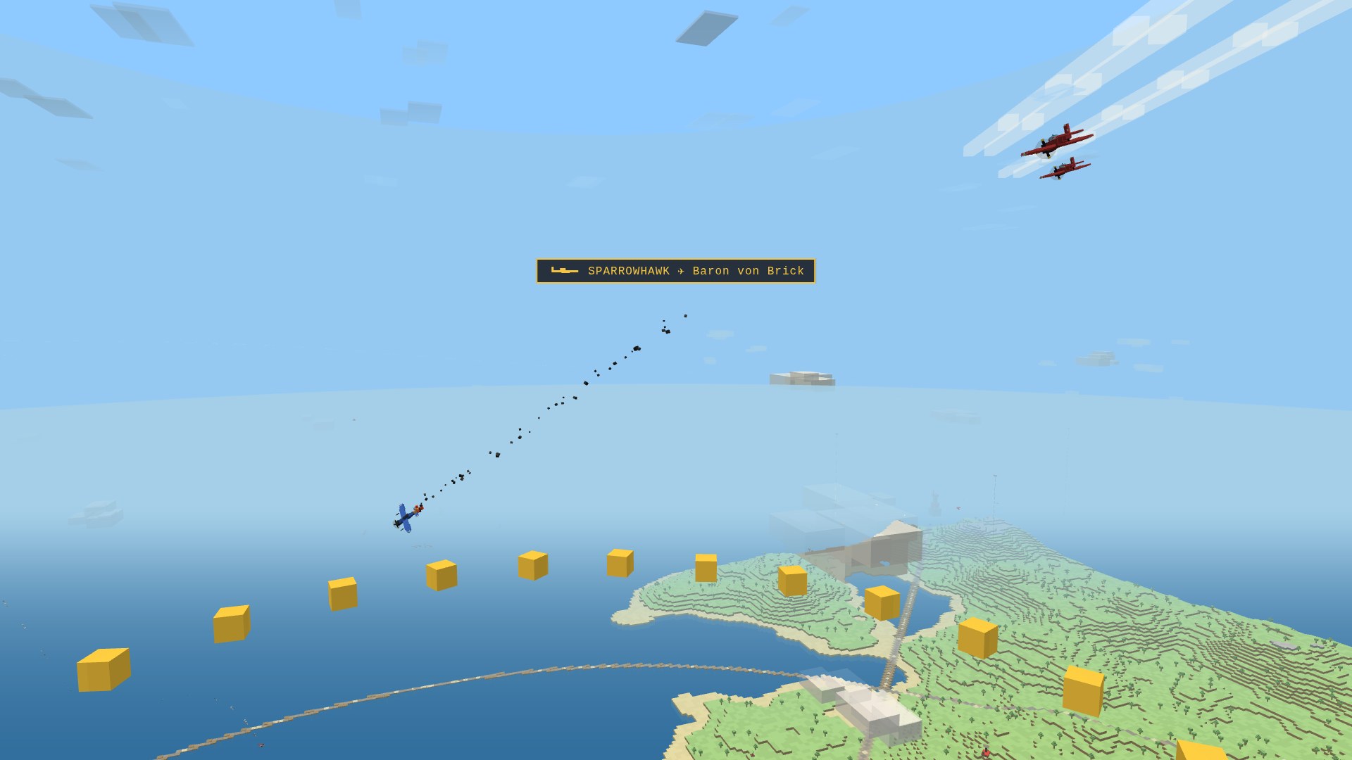 Two crimson fighters writing white contrail threads high across a blue sky while a smoking cobalt plane tumbles below a gold kill-confirm banner reading SPARROWHAWK, Baron von Brick