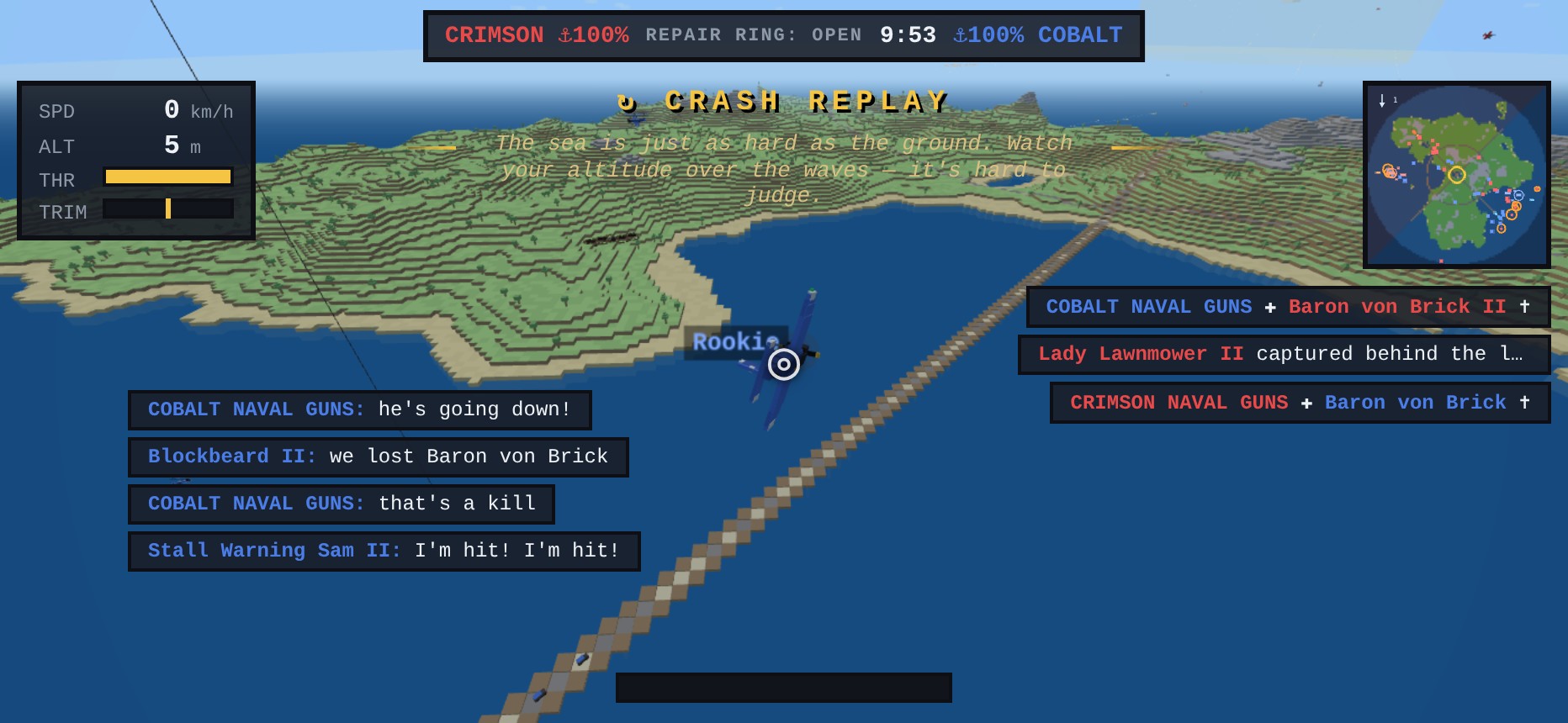 The crash replay: the player's own plane seen from behind moments before hitting the sea, the gold CRASH REPLAY badge across the top with a coach line reading that the sea is just as hard as the ground