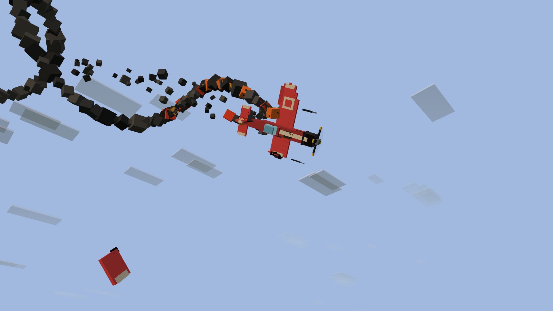 A crimson Thunderhead shot out of the sky, its right wing torn off at the spar and tumbling clear, the engine torched, corkscrewing down trailing a helix of black smoke and flame against a pale blue sky