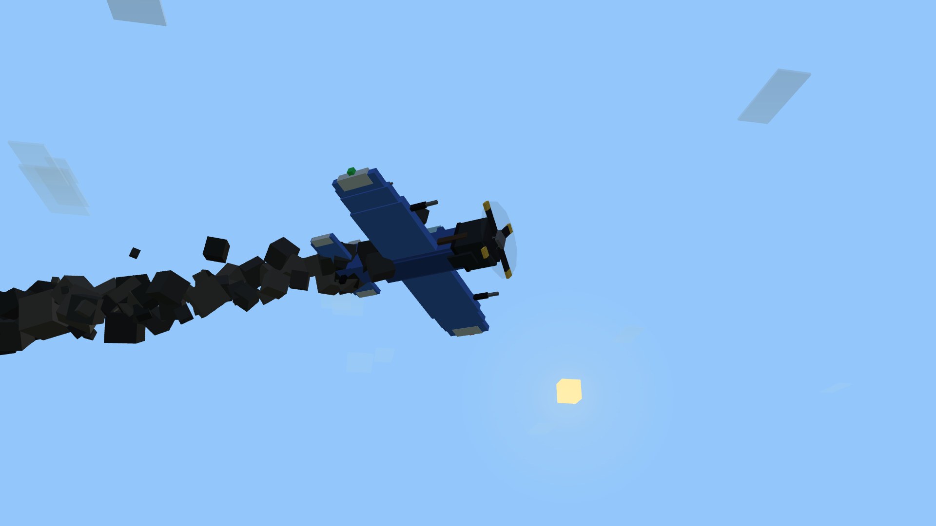A cobalt Sparrowhawk with a blackened, soot-streaked engine cowl pouring a column of smoke against the open sky