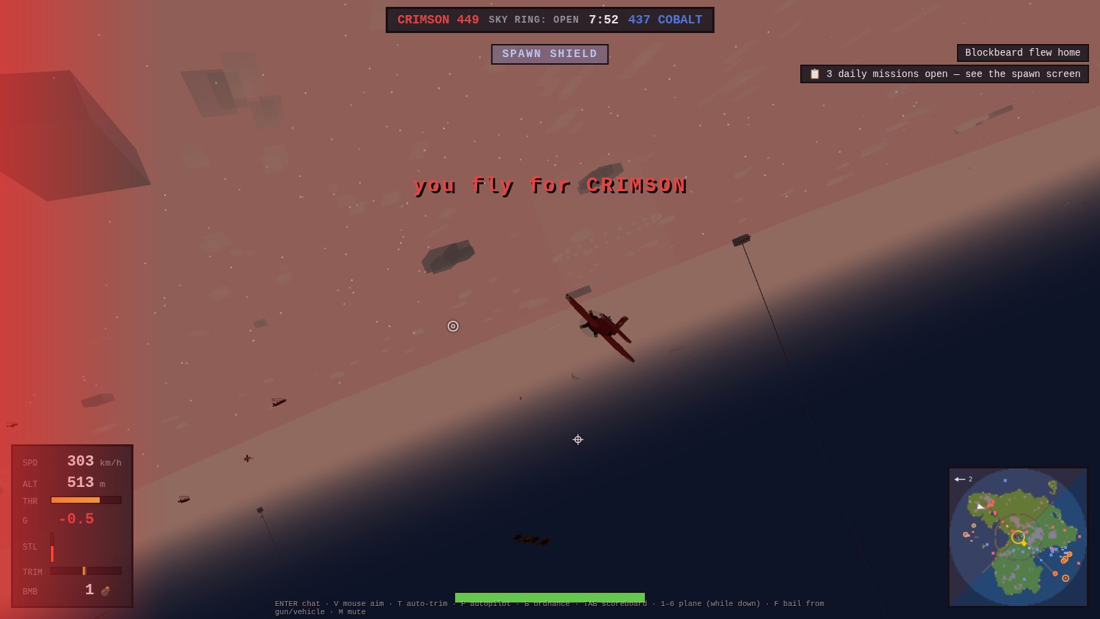 A cockpit HUD view with the entire left edge of the screen washed red — a directional damage flash showing fire coming from the left — over a blocky bomber in a dusk sky