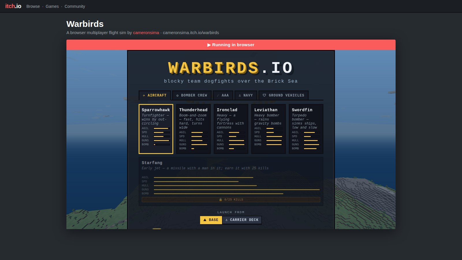 The Warbirds join screen — the aircraft picker with the Sparrowhawk selected, the Starfang unlock bar, and the Brick Sea behind it — running inside an itch.io game page with a red Running in browser bar above the frame
