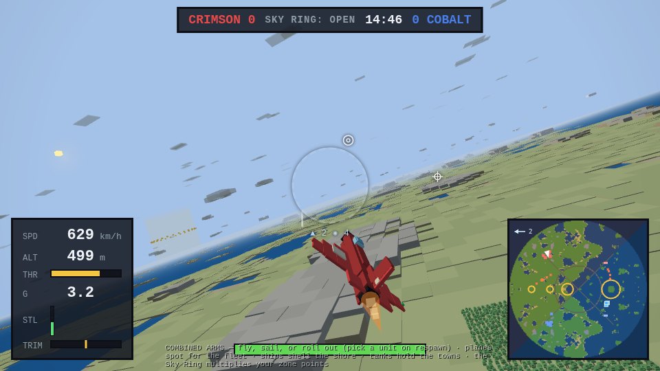 A crimson Balalaika seen from the chase camera mid-carve over the armada front: banked hard toward the reticle at 3.2 G and 629 km/h, horizon tilted, altitude steady at 499 m
