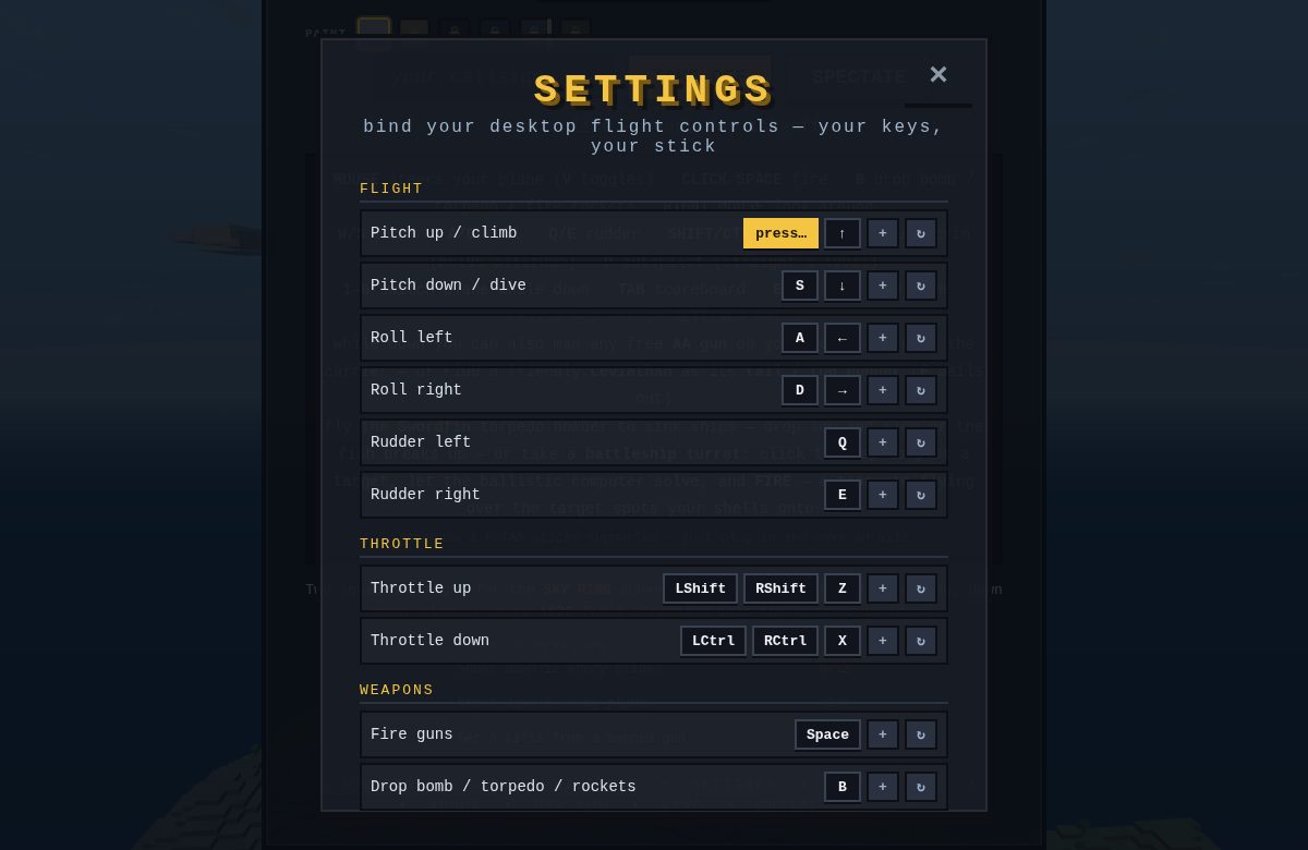 The Settings > Keybindings screen: a keycap for every aircraft control grouped into Flight, Throttle and Weapons, with the Pitch up / climb cap pulsing gold and reading 'press…' as it waits for a new key
