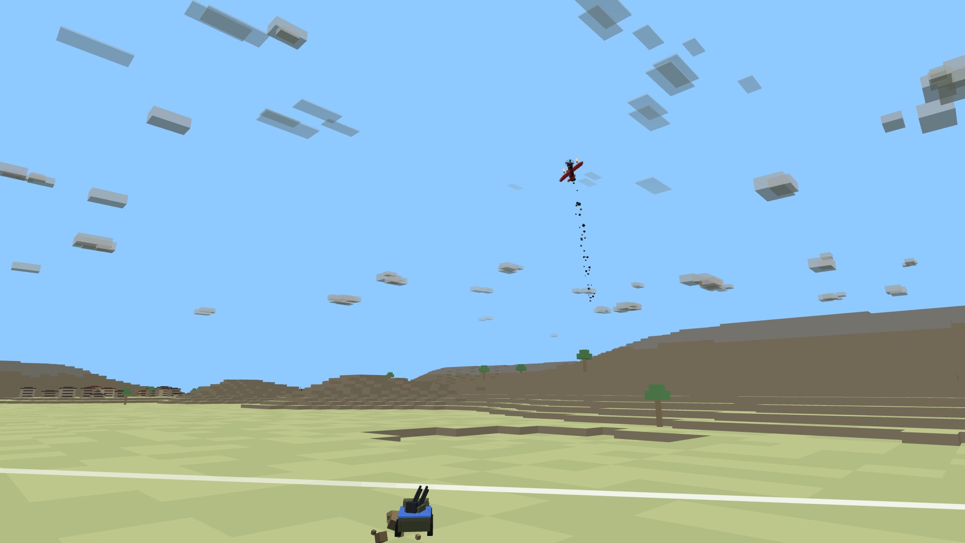 A quad-20mm anti-aircraft half-track hammering a strafing attack plane overhead, four tracer streams converging on it in the sky