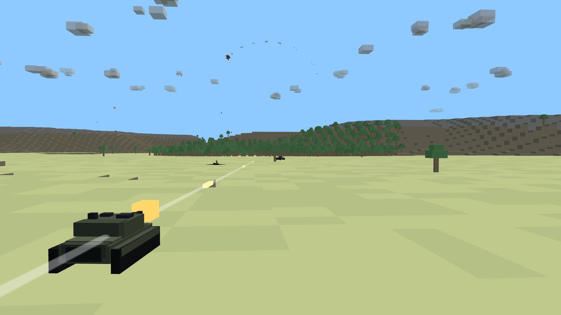 Two blocky main battle tanks duelling across a fold of open steppe, a sabot tracer streaking between them, a forest block and rocky hills on the horizon