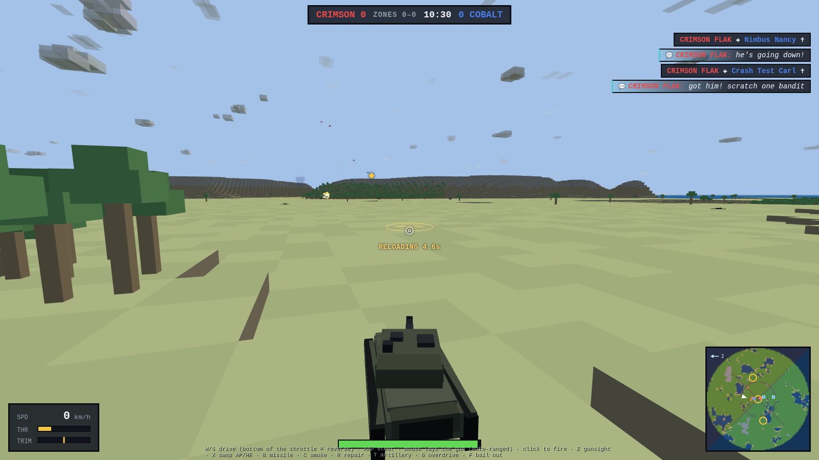 The Paladin MBT on the open steppe: a clear view over the terrain to a treeline and ridge, a parachute drifting down in the middle distance, and the minimap showing the white self-arrow beside a white-rimmed enemy blip