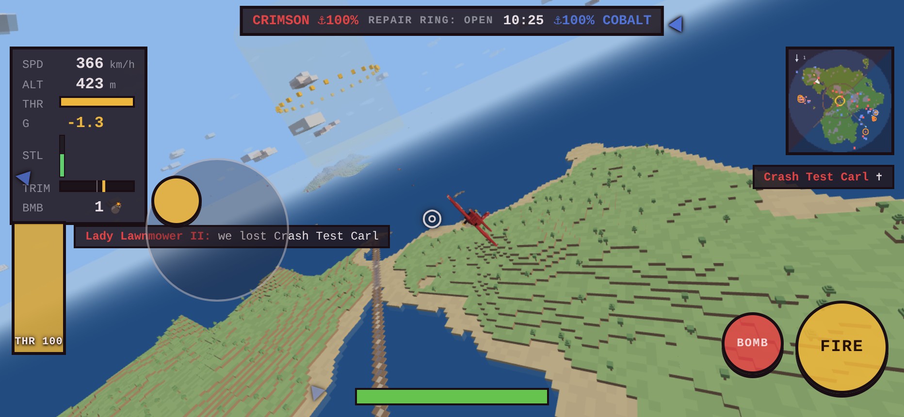The mobile HUD in flight: the gold virtual stick anchored under the left thumb, a THR 100 throttle slider, the flight-data gauges, the kill feed tucked under the minimap, the white gunsight alone in the centre of the screen, the FIRE and BOMB buttons, and blue off-screen enemy markers hugging the screen edges pointing at bandits out of view