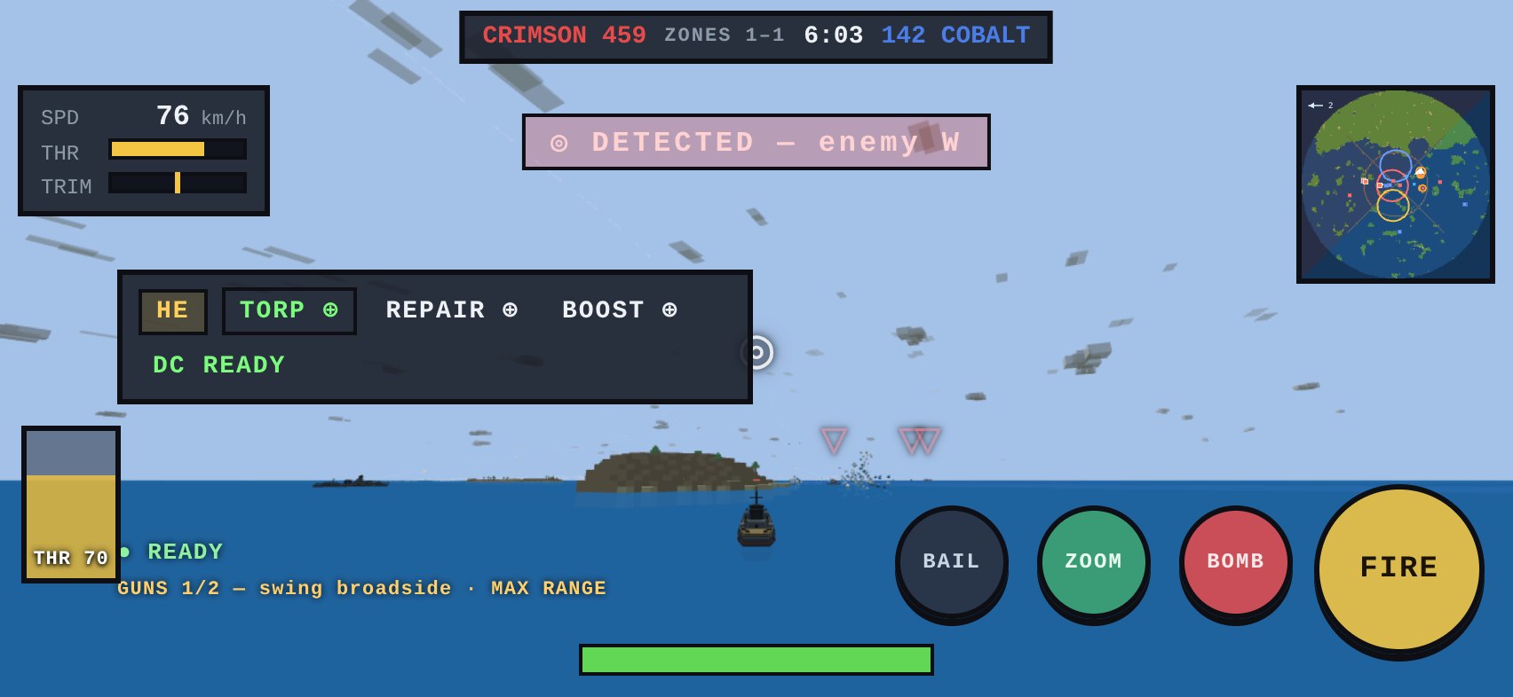 Before: the naval mobile HUD with a large two-row conning panel floating in the middle-left of the screen, covering the horizon, plus a large SPD/THR/TRIM gauge stack and a desktop-sized DETECTED banner