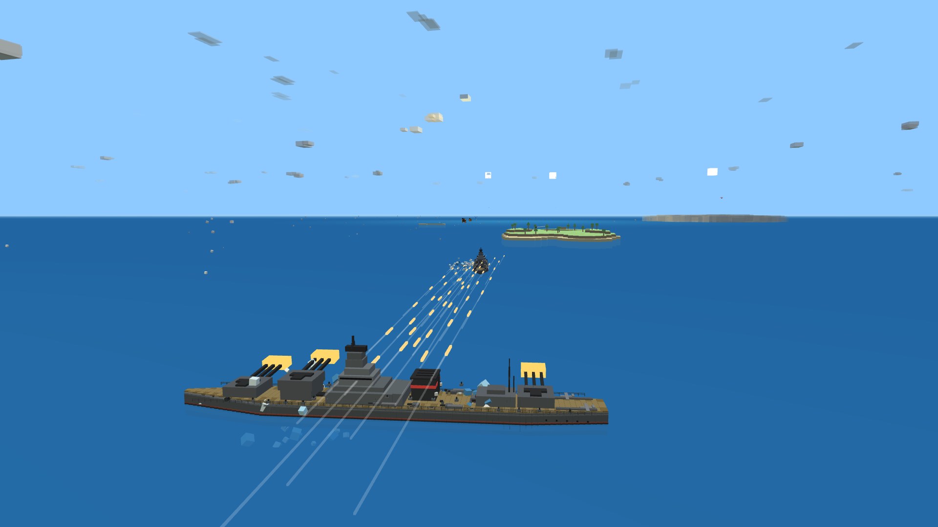A battleship broadside-on with all three main turrets trained out at a distant enemy, a nine-shell salvo streaking across the sea toward a bow-on battleship that can only reply with her forward guns