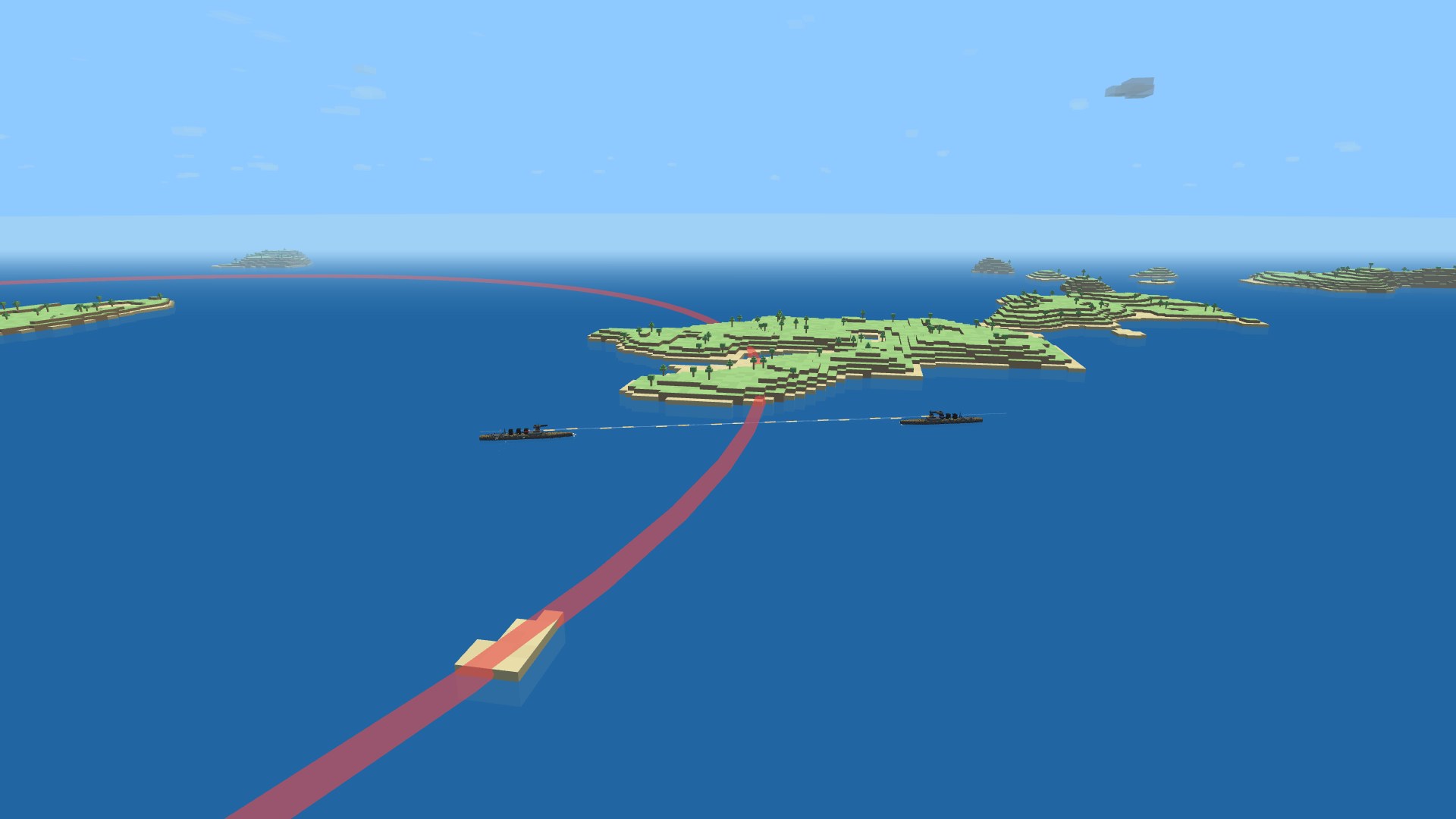 A wide ring of red light laid flat on the open sea marking a capture zone, islands inside it, with a crimson cruiser holding the line and a cobalt cruiser crossing in to contest it