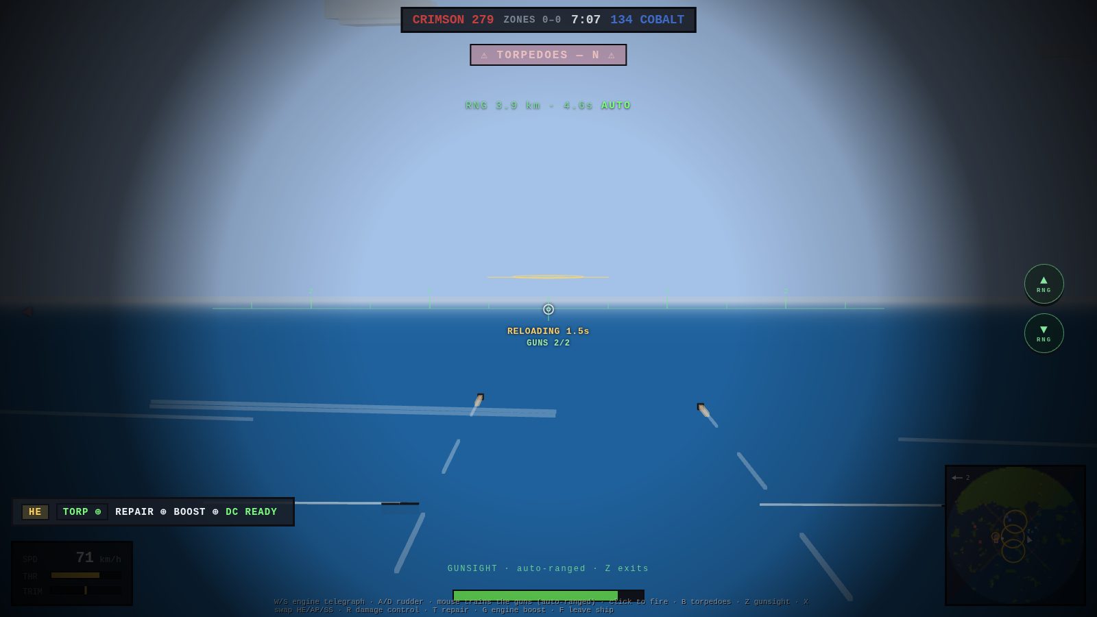 The naval binocular gunsight over open sea: a clean horizon, the lead scale and reticle, the salvo's impact ellipse on the water at 3.9 km, and no capture-ring band across the sight picture