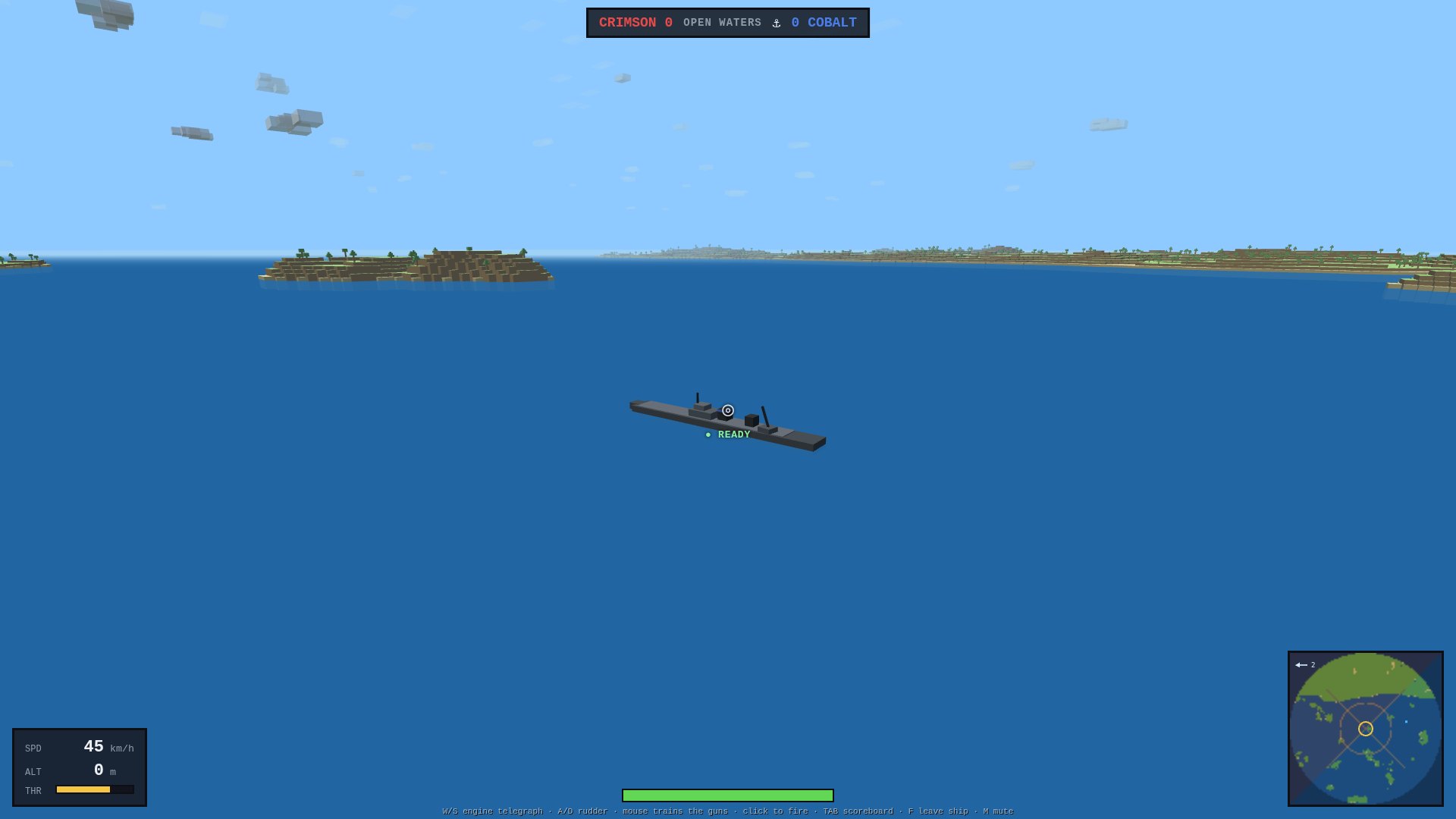 A grey blocky destroyer under way past a wooded island under a clear noon sky, its funnel and bridge catching the light