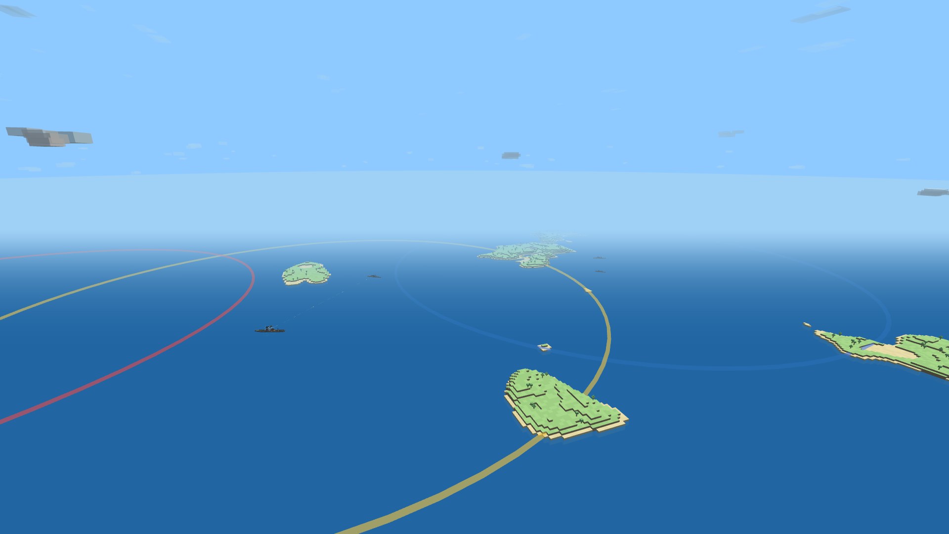 Three wide capture-zone rings spread across the open sea, coloured by who holds them — a red ring to the north, a gold contested ring at the centre, and a blue ring to the south — with warships fighting over them among scattered islands