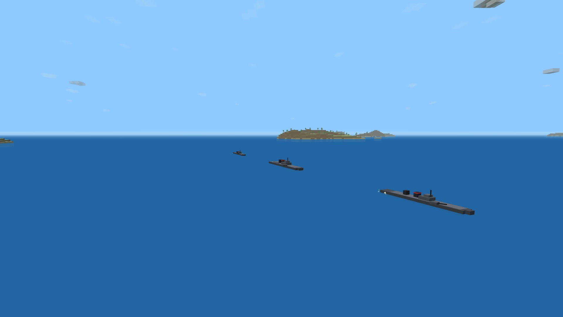 A task group steaming in line ahead across open blue ocean: a cruiser leading two destroyers in column, broad wakes off their sterns, an island and clouds on the horizon
