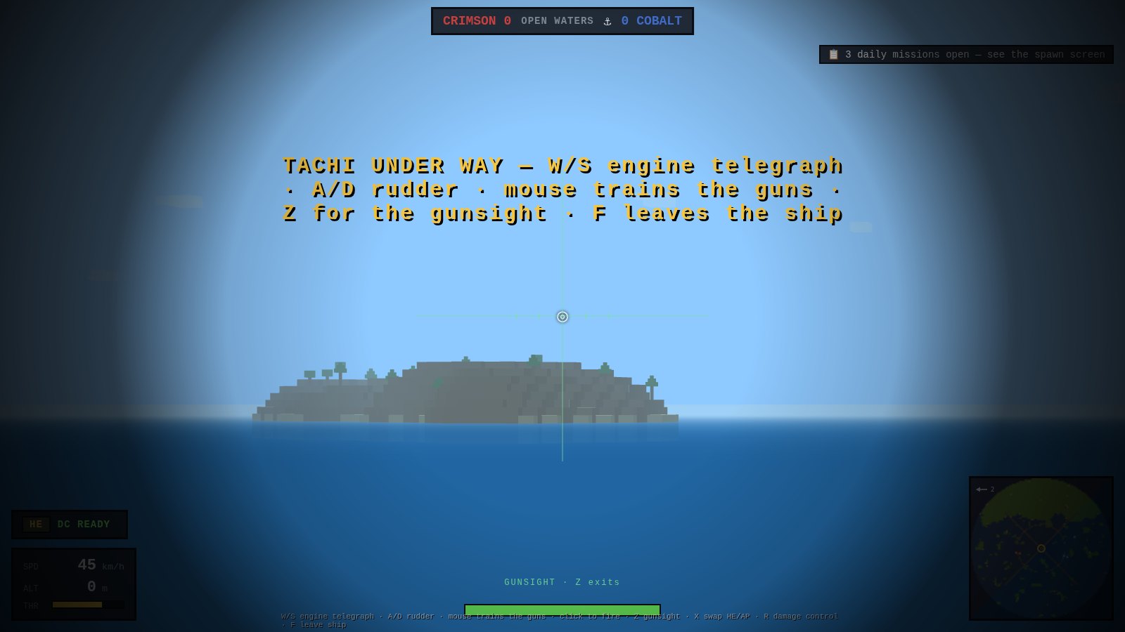 The naval binocular gunsight laid over a distant enemy warship, the auto-ranged readout and reticle lead ticks visible