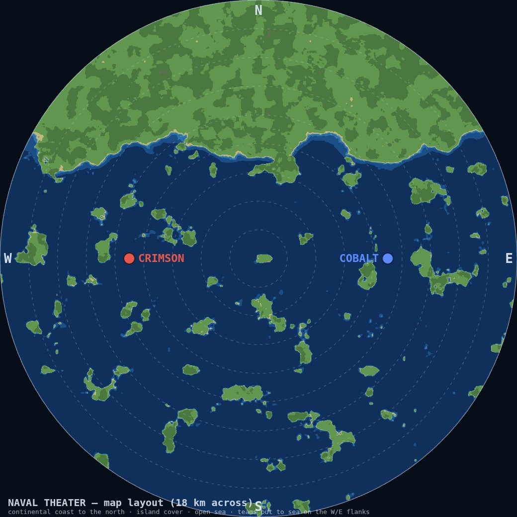 A top-down tactical chart of the naval map: a continental coast across the north, open sea scattered with island clusters, range rings, and the Crimson and Cobalt put-to-sea flanks marked west and east