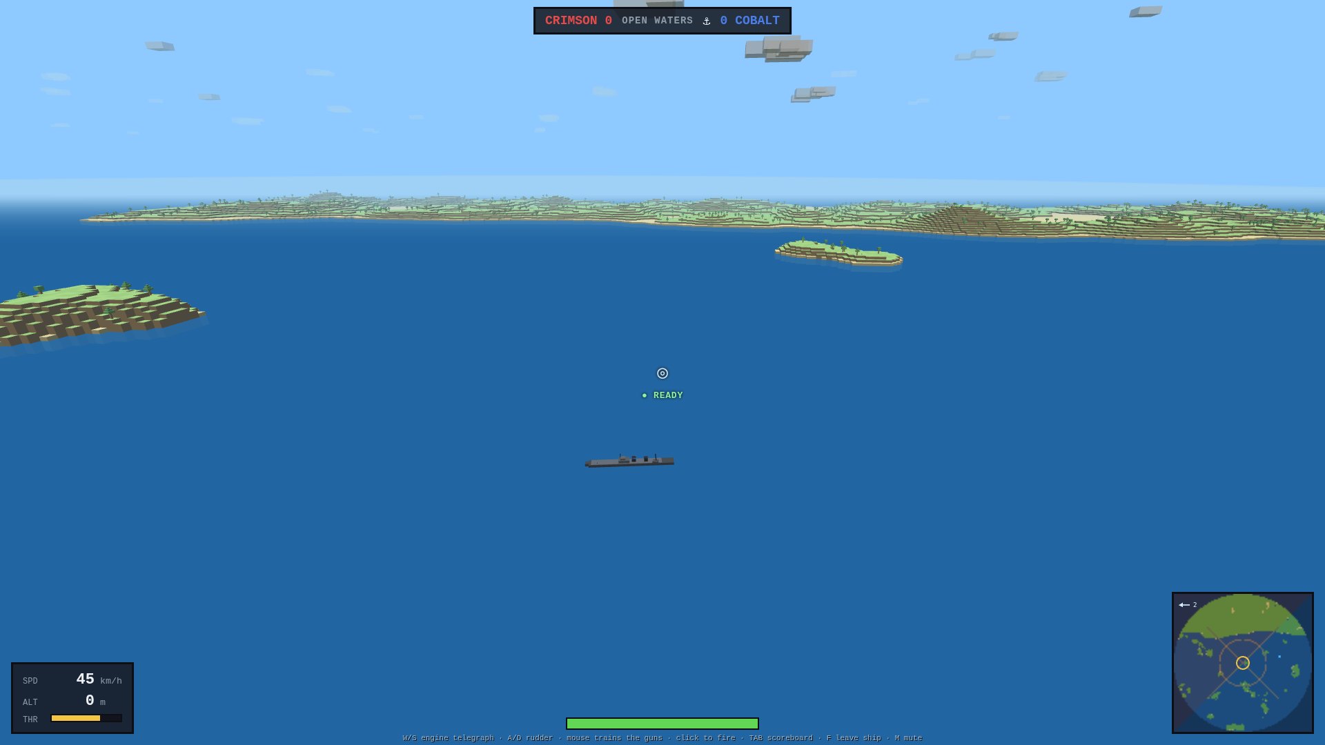 A destroyer steaming across open blue ocean on the naval map, scattered green islands around it and a long continental coastline stretching across the horizon