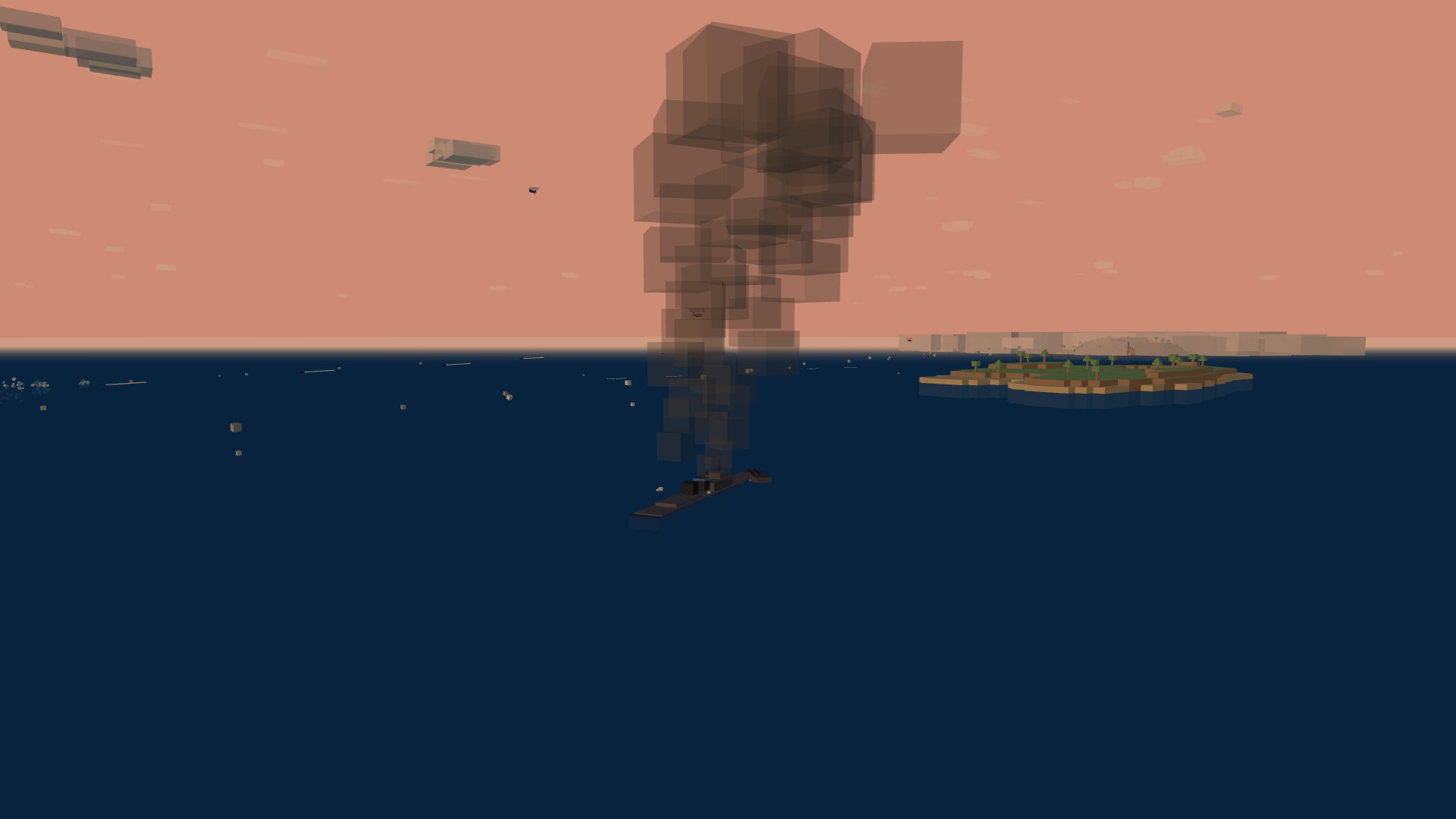 A burning cruiser settled low in the water at dusk under a column of dark smoke, the sea and sky glowing gold