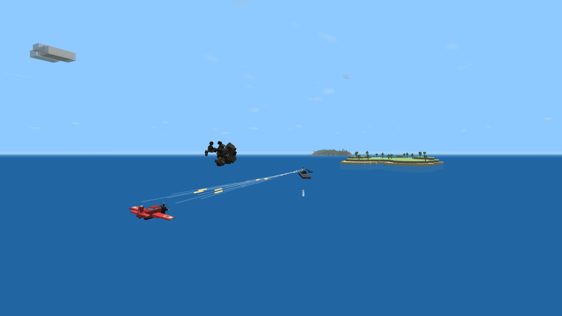 A red torpedo bomber running in low over the sea toward a warship, the ship reaching back at it with streams of anti-air tracer fire and bursting flak, a torpedo already running in the water