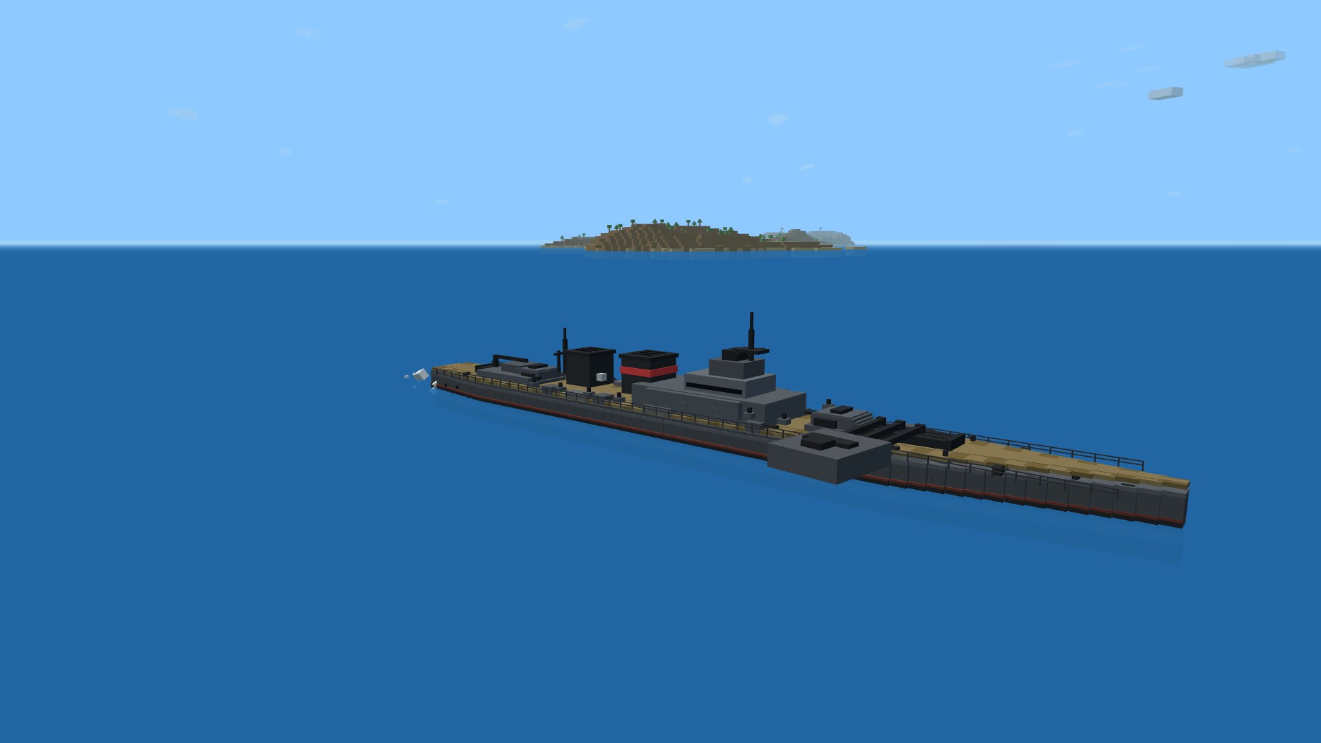 The Tempest heavy cruiser at speed on open water, a long sleek hull with twin funnels and three triple-barrel turrets, the forward turret trained out to starboard