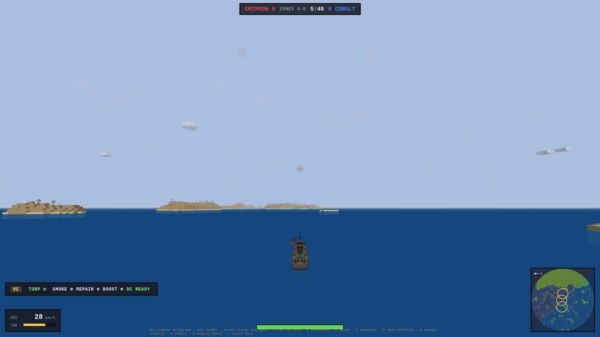 A warship's view on the open sea, the HUD's ZONES chip counting how many capture zones each side holds and the minimap showing the three zone rings