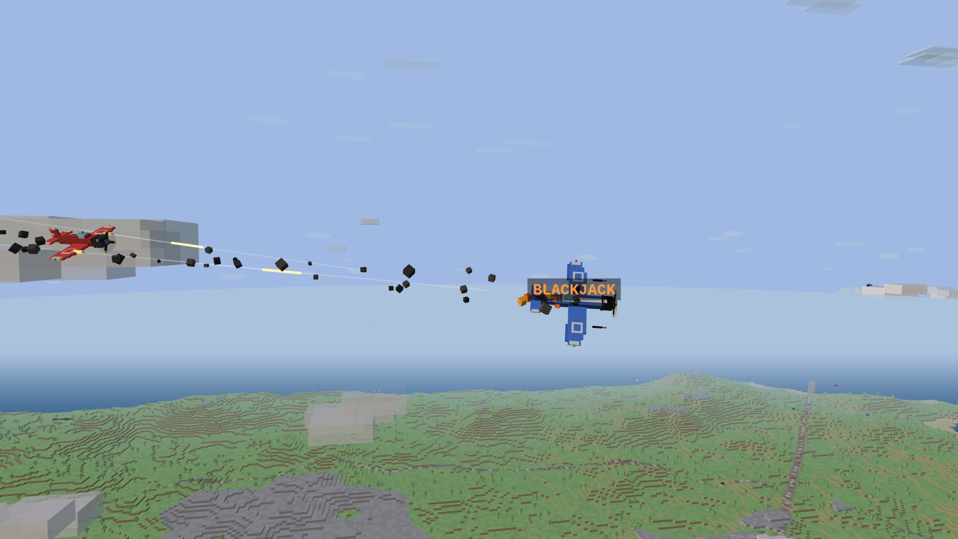 A crimson fighter closing from astern and firing a tracer stream at a cobalt fighter that carries an orange callsign nameplate reading BLACKJACK, already smoking, over a green coastline