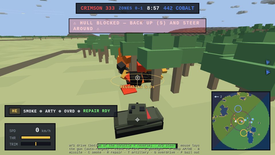 A Paladin main battle tank at a treeline with a burning enemy hull directly in front of its bow, reload timer counting down, HULL BLOCKED banner overhead