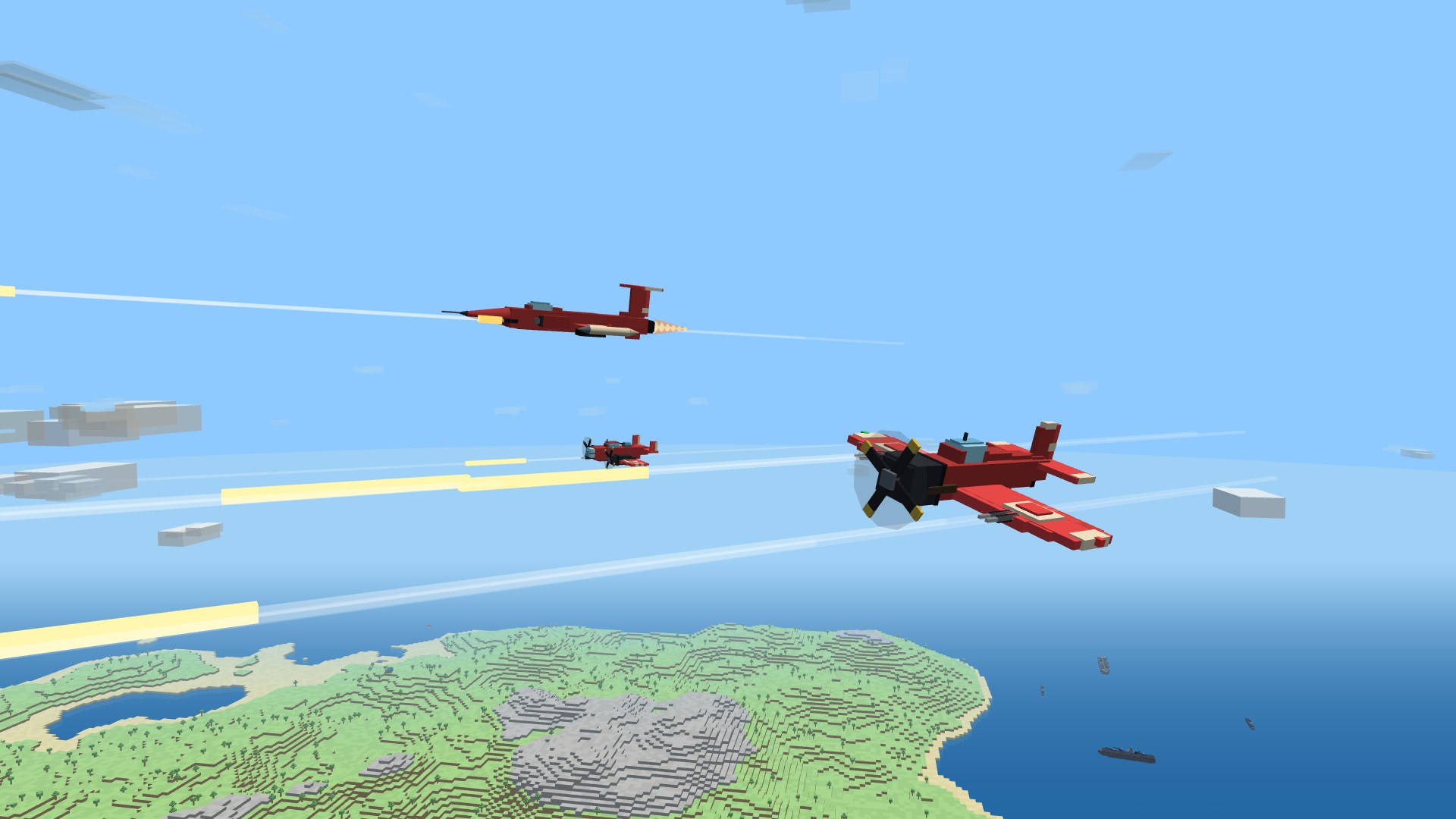 A crimson Sparrowhawk head-on with muzzle flashes on both wings and four tracer streams reaching downrange, a Starfang jet above pouring a single cannon stream from its nose, and a twin-engine Ironclad crossing behind them thumping heavy tracers from its centerline chin cannon