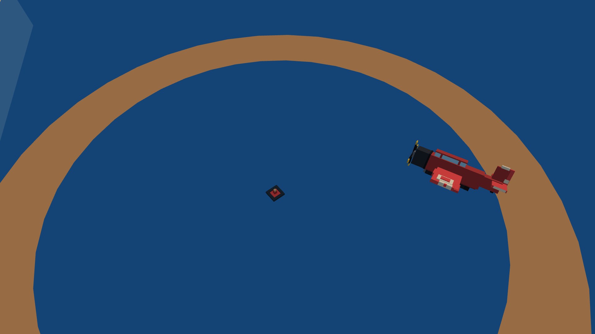 A downed pilot in a small black life raft bobbing at the centre of a pulsing orange dye-marker ring on open blue water, a red rescue biplane banking low overhead to scoop him up, a wooded coastline on the horizon