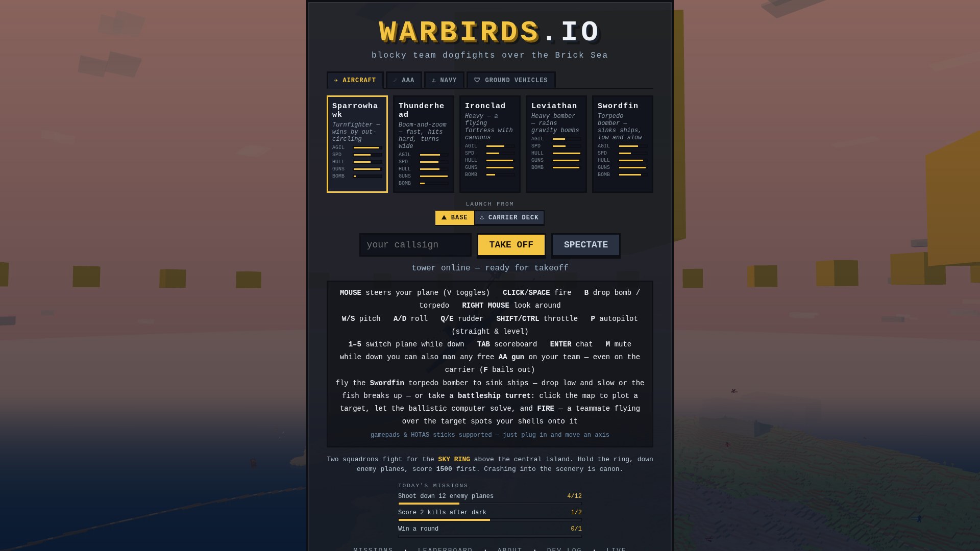 The spawn screen after a death: identical to the join screen, with the WARBIRDS.IO masthead, the AIRCRAFT/AAA/NAVY/GROUND VEHICLES unit picker, five aircraft stat cards, a BASE or CARRIER DECK launch choice, the callsign and TAKE OFF row, controls help, and today's daily missions