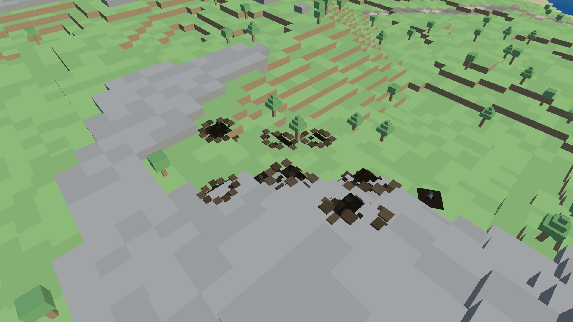 A grassy ridge pocked with a scatter of bomb craters — dark scorched bowls ringed with raised dirt — and a couple of burning crash sites, seen from above in bright afternoon light