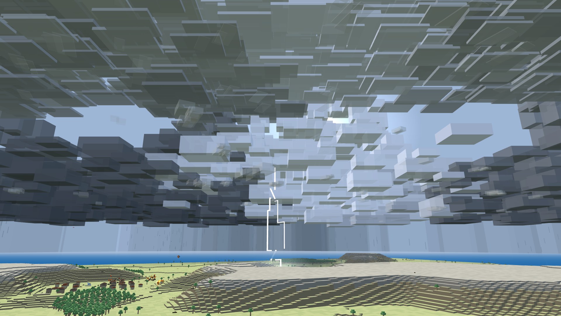A dark storm front streaming over the steppe, its flat anvil top spreading wide, rain curtains falling to the grass and a lightning bolt striking a grove near a small town